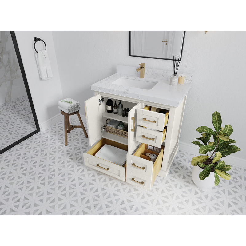 Boston 36 In. W X 22 In. D Left Offset Sink Bathroom Vanity In Alabaster With Cove Edge Quartz, Empira