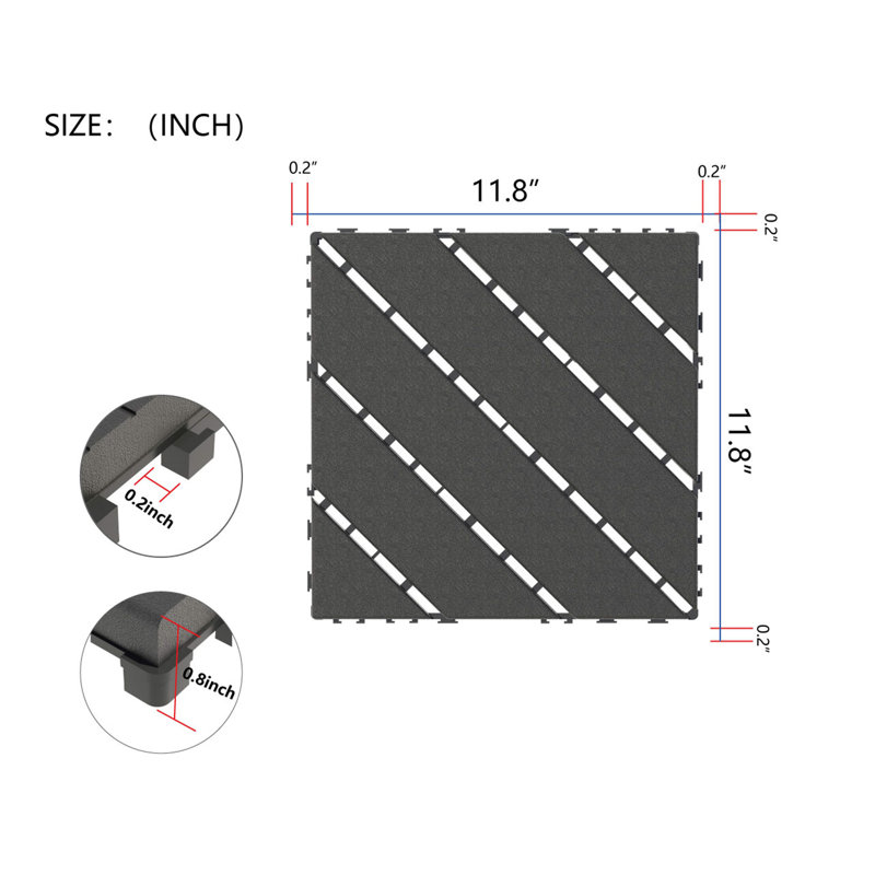 Carreaux de terrasse en plastique emboîtables, paquet de 44 tuiles de patio, 12 po x 12 po carré imperméable pour l'extérieur, utilisation de tous les temps, tuiles de patio pour le balcon de la piscine, gris