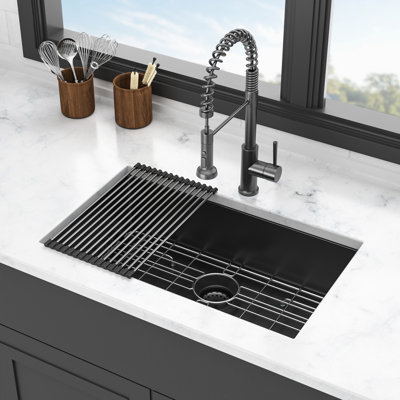 Gunmetal Black Kitchen Sink, 30 Inch, 16 Gauge Stainless Steel, Extra Deep Single Bowl For Enhanced Efficiency Inch Undermount With Condensation Spray And Soundproofing Pads