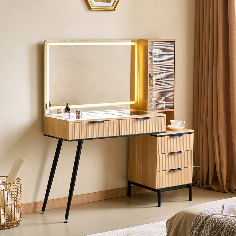 Bureau de meuble-lavabo avec miroir et lumières, bureau de maquillage avec prise de courant, bureau de maquillage avec 5 tiroirs et tablettes de rangement, coiffeuse 3 modes de couleurs lumineuses réglables pour coiffeuse
