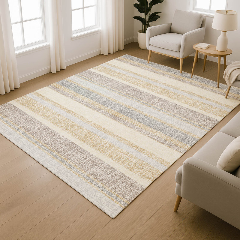 Premium Machine Washable Mayfield AMF2122 Striped Rug, Gold, 3' x 5'