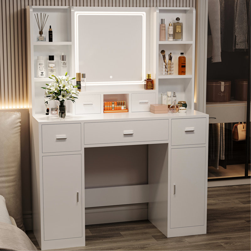 Board Dressing Table With 6 Open Shelves For Bedroom White Efficient Cosmetics Storage