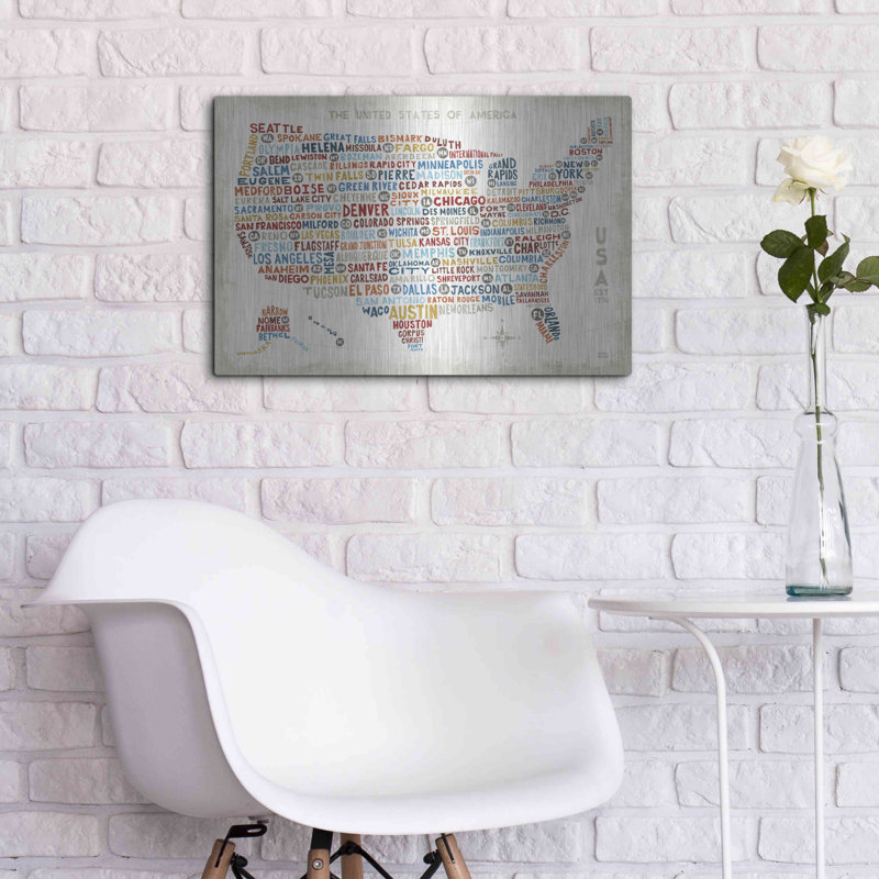 «US City Map» par Michael Mullan, art mural en métal, H 16 po x l 24 po