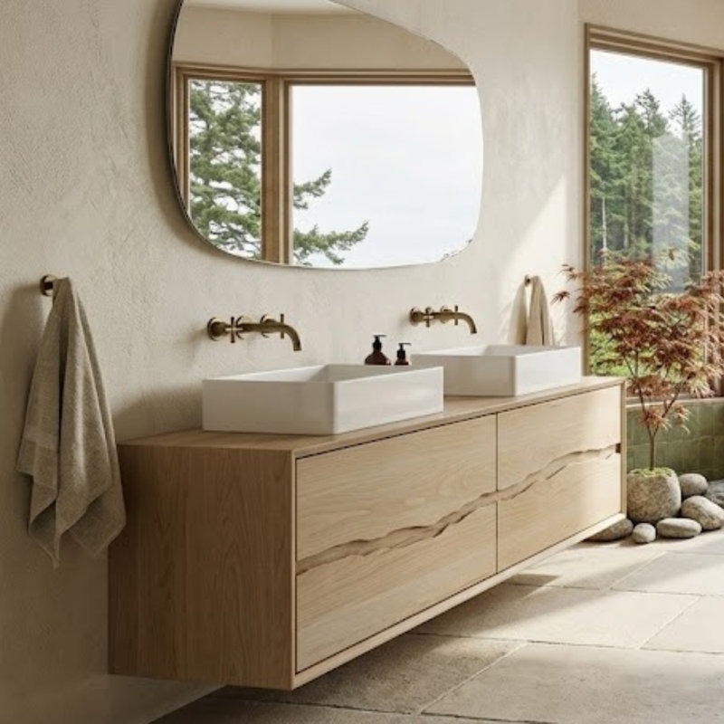 Ventura Four-Drawer Double Bath Floating Vanity With Integrated Countertop, 60", 8" Widespread, American White Oak