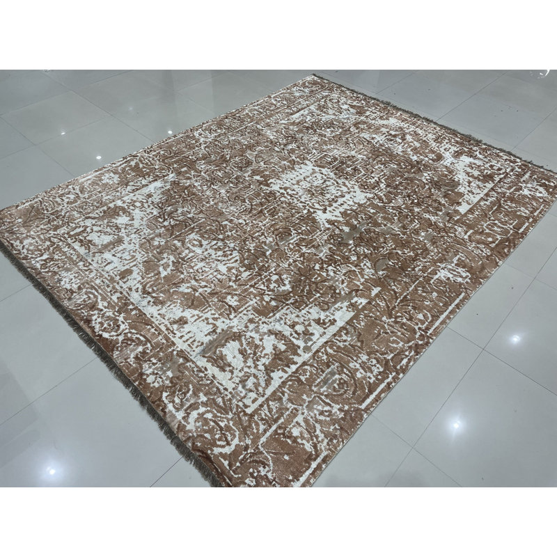 7x9 Ivory Hand-Knotted Wool Distressed Floral Modernist Design Modern Contemporary Carpet Rug
