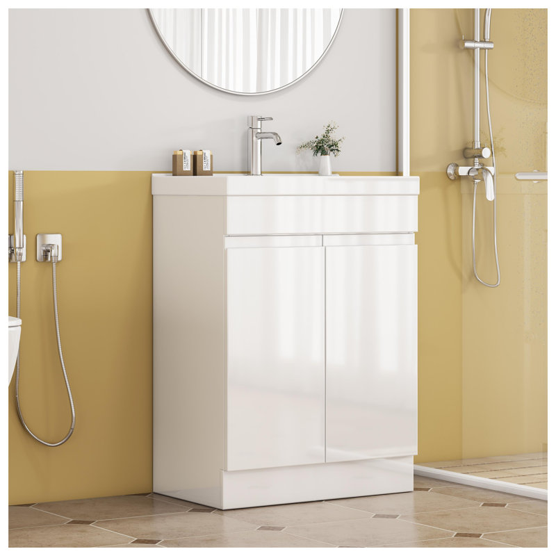 Ensemble de meuble-lavabo 24 po avec lavabo en céramique et armoire de rangement à deux portes, panneau de fibres à densité moyenne blanc brillant