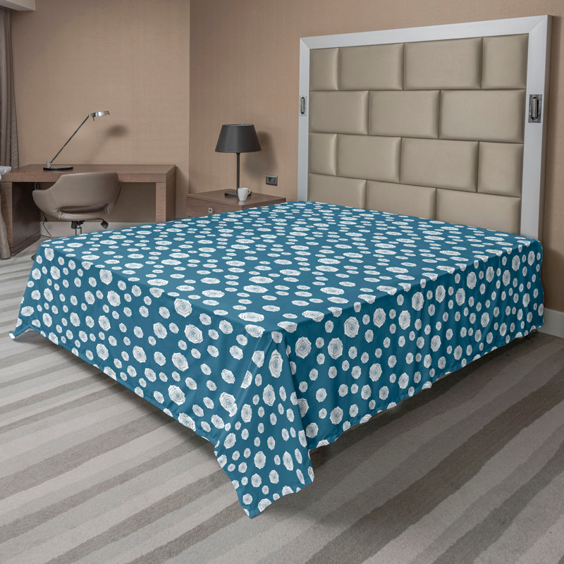 Drap plat moderne de style bohème Ambesonne, Turquoise foncé / motif floral blanc, Full Flat Sheet