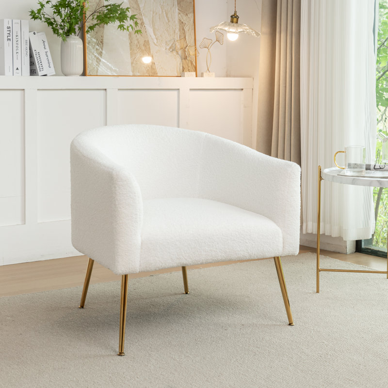 Fauteuil demi-tonneau Jameila, Fausse fourrure blanche, 1, Doré
