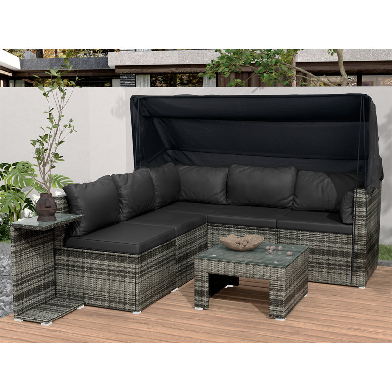 Ensemble de canapé modulaire de patio 7 pièces avec auvent et coussins noirs 7 pièces