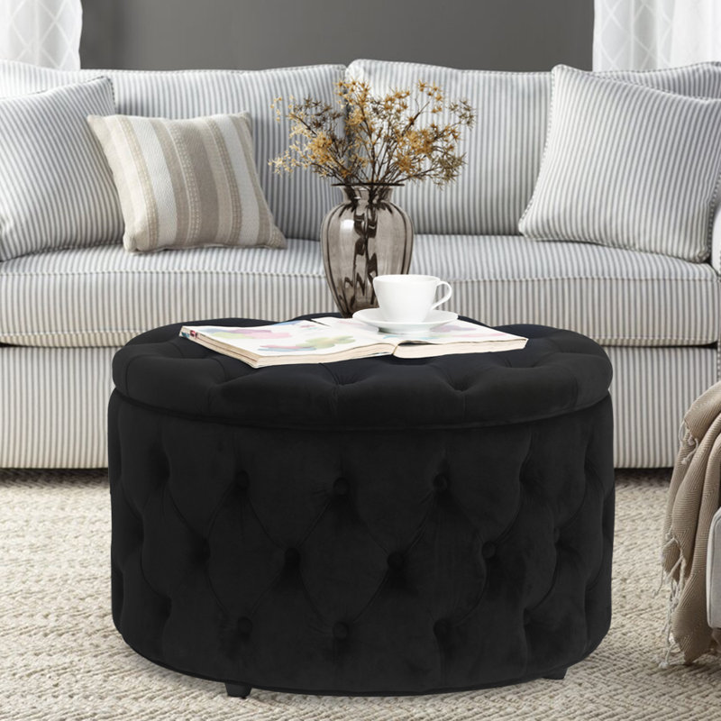 Amram Tufted Round Storage Ottoman, Black Velvet