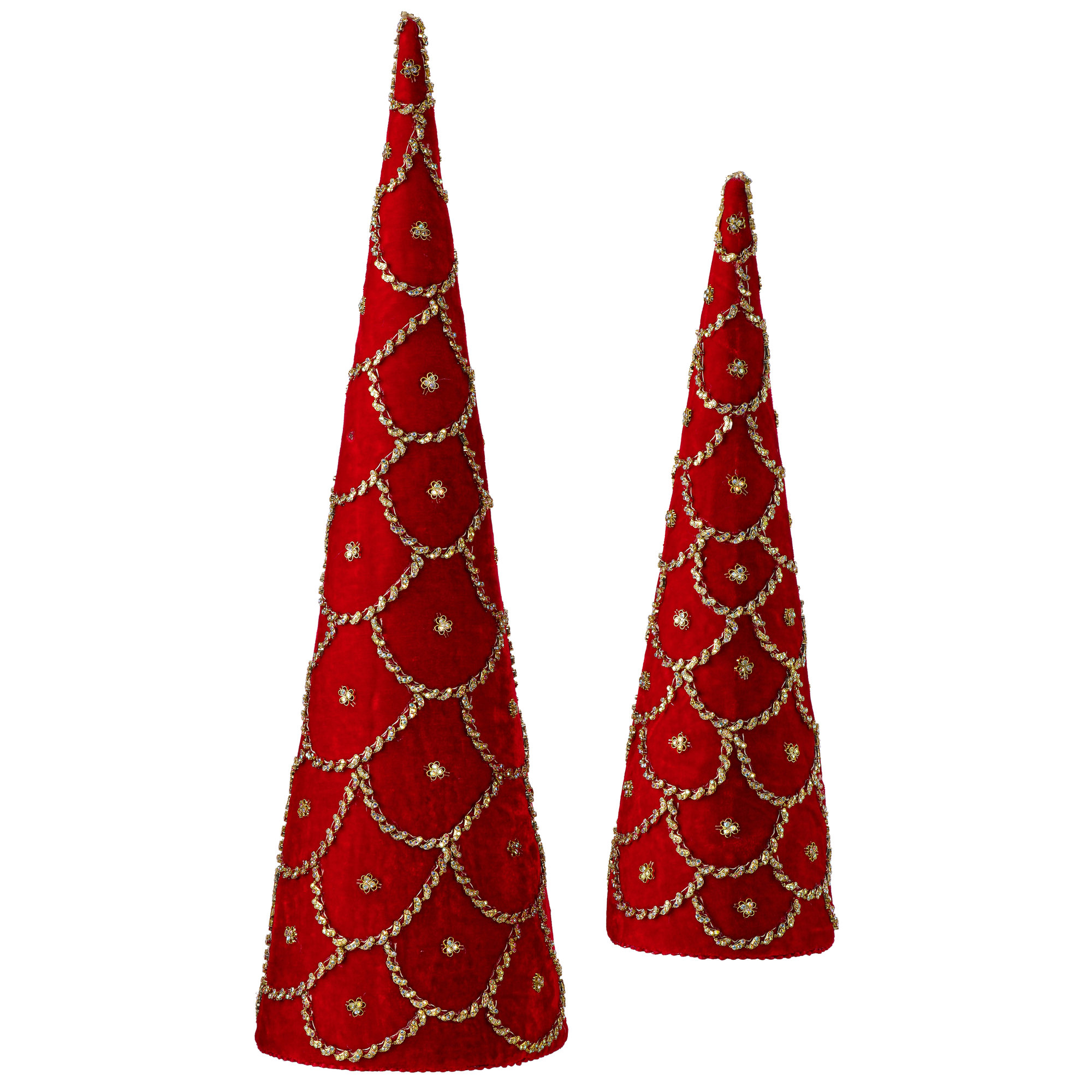 18-24" Jeweled Scalloped Velvet Cone Tree, Red