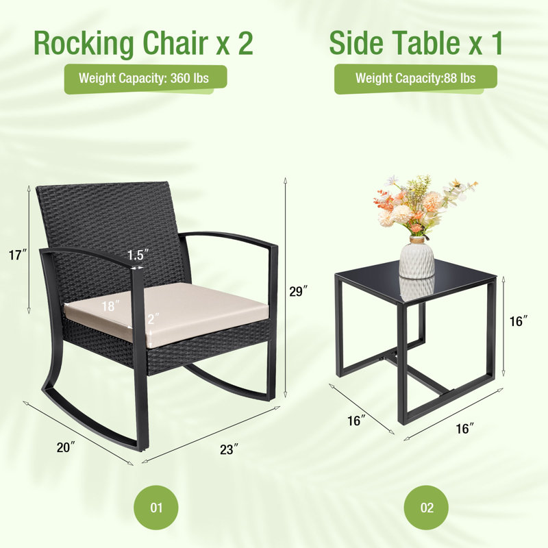 2 - Person 16" Long Bistro Outdoor Rocker Set, White