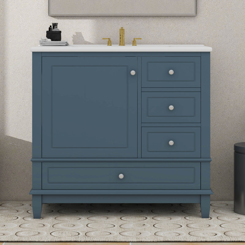 Meuble-lavabo 36 po avec lavabo en céramique, armoire de rangement avec 3 tiroirs et tablette de porte