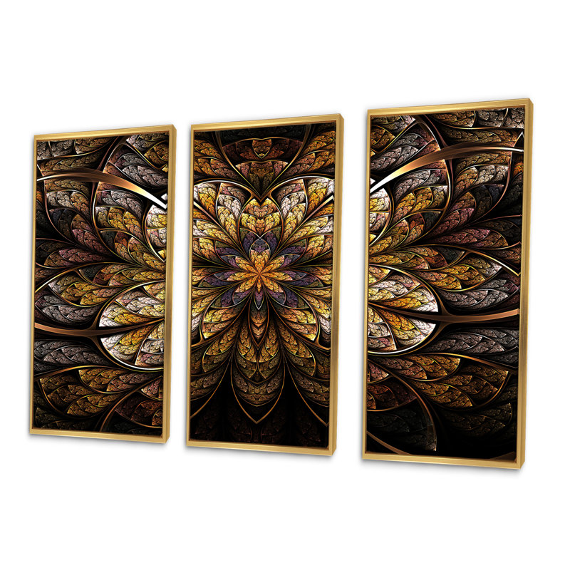 «Bright and Warm Fractal Flower», ensemble d'art mural sur toile moderne encadré de 3, Or, H 32 po x l 48 po x P 1 po