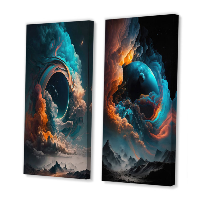 «Futuristic Landscape In Space I», 2 pièces sur toile, H 32 po x l 32 po, Toile tendue