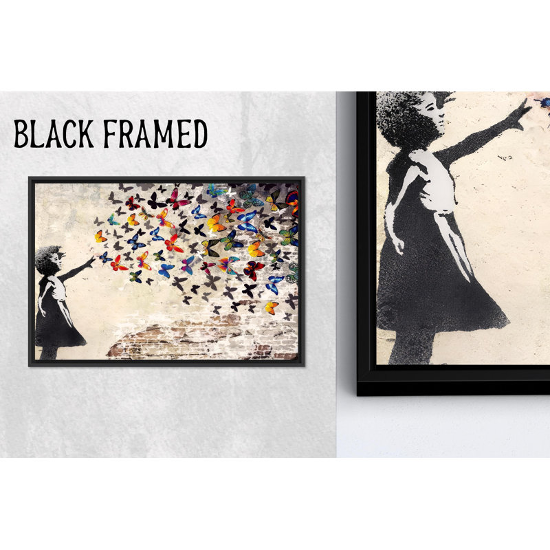 Reproduction d'art sur toile imprimée: Modern Banksy Girl Butterfly Decor, 1P BlackFramedCanves, H : 47,3 x L : 82,7 pouces