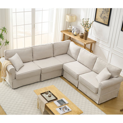 Ensemble de canapé modulaire modulaire convertible en L à 5 places avec accoudoirs roulés réversibles en lin doux
