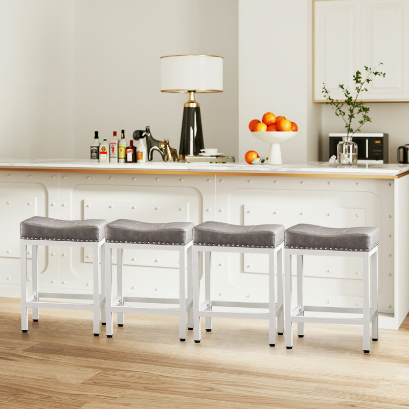 24 Inch Bar Stools Set Of 2, Upholstered Modern Counter Height Bar Stools For Kitchen Island Modern PU Leather Sadless Stools Chair With Metal Base And Footrest