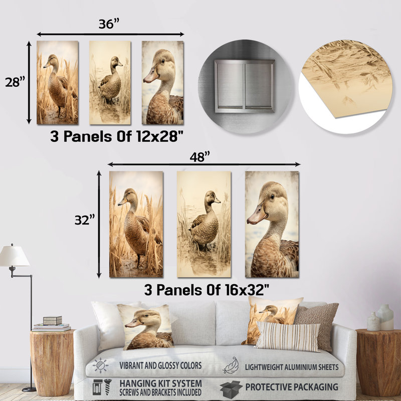 Brown Retro Duck Elegance II - Duck Metal Wall Decor Set Of 3, 32" H x 48" W