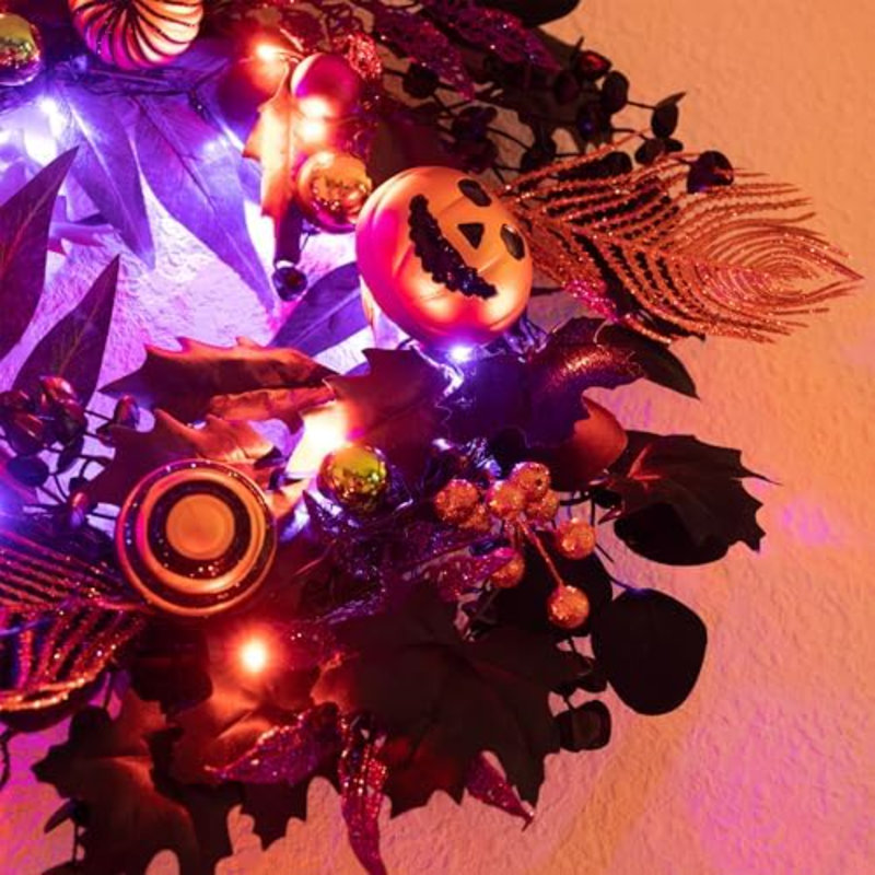 Couronne d'Halloween pour porte d'entrée avec lumières, décorations d'Halloween pour citrouille Jack-O'-Lantern de 18 po pour la maison