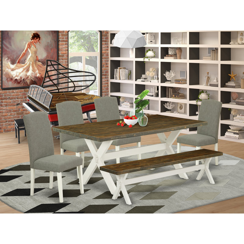 6 Piece Dining Table Set Contains a Rectangle Kitchen Table with X-Legs and 4 Dark Shitake Linen Fabric Parson Chairs with a Bench, Wire Brushed Linen White