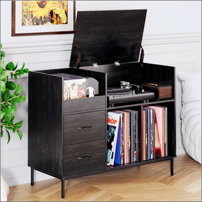 Support multifonctionnel pour tourne-disque avec prise de courant, couvercle rabattable et grand rangement en vinyle pour un plaisir musical organisé