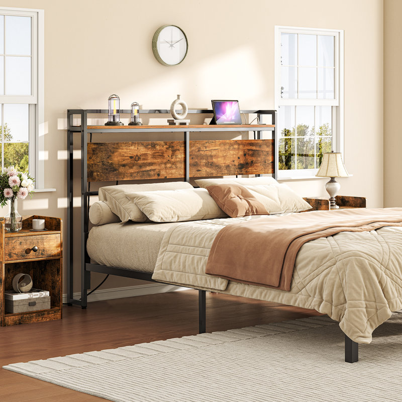 Morano 39.9"H Metal Headboard with Charging Station, King, Gray/Black