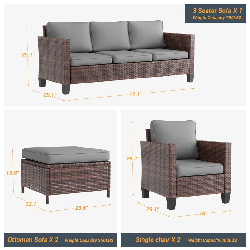 Konami 5-Piece PE Rattan Wicker Patio Conversation Set with Cushions & Ottomans, All-Weather Outdoor Furniture Set for Deck Backyard Garden