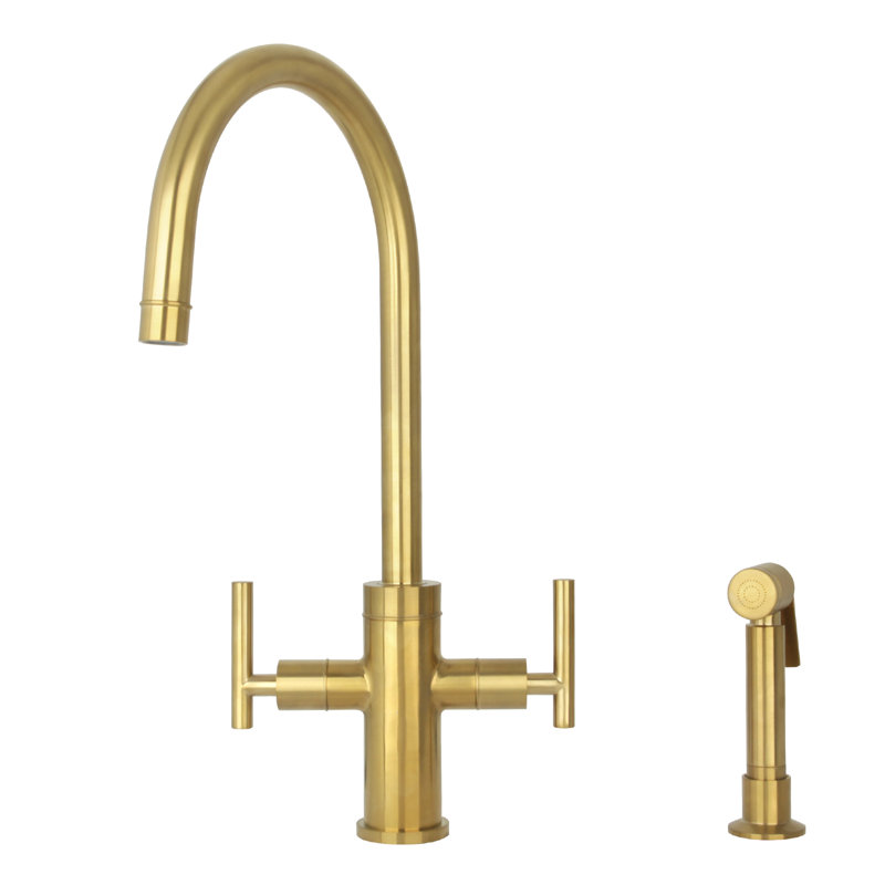 Double Handle Kitchen Faucet With Side Spray, Brushed Gold