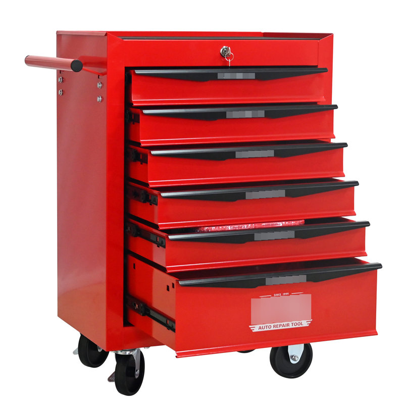 6 - Drawer Rolling Metal Tool Trolley, Red & Black, Bearing Slides, 4 Wheels, Pull Handle Chest, Black And Blue, Smooth Countertop, Universal Key Locking