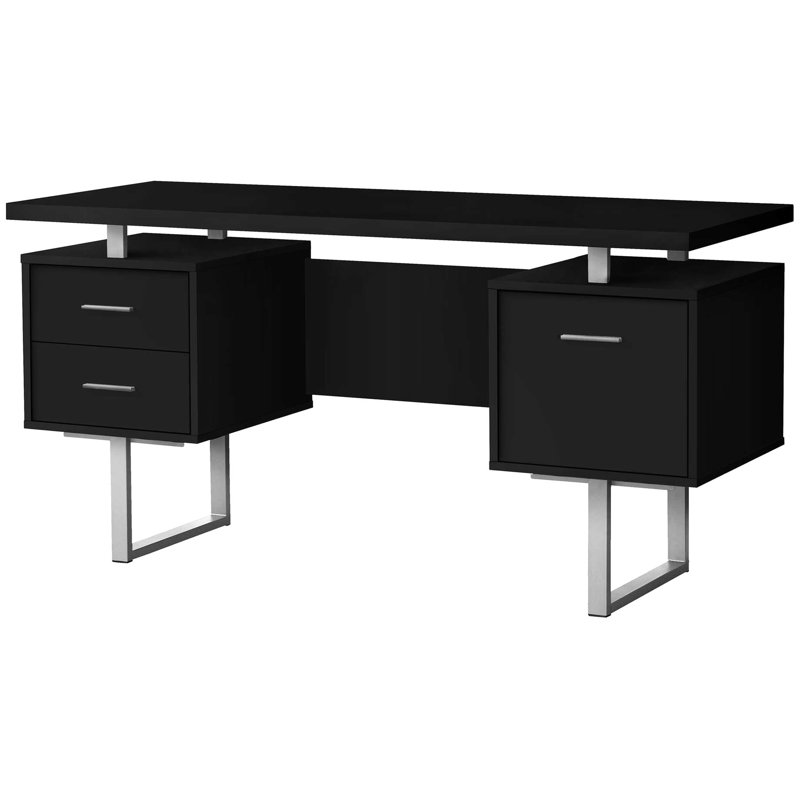Table de bureau moderne avec rangement, l 60 po, stratifié noir, métal gris, espace de travail élégant de 60 po pour bureau