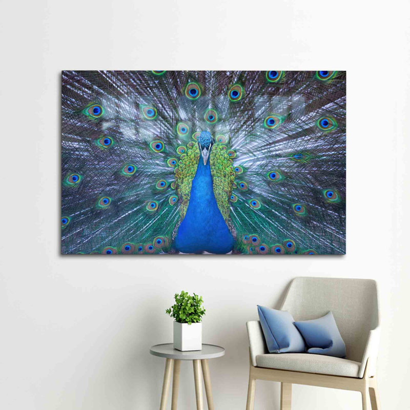 Art moderne en verre paon pour décoration murale de luxe en bleu | Rectangle, H 47,2 po x l 70,9 po