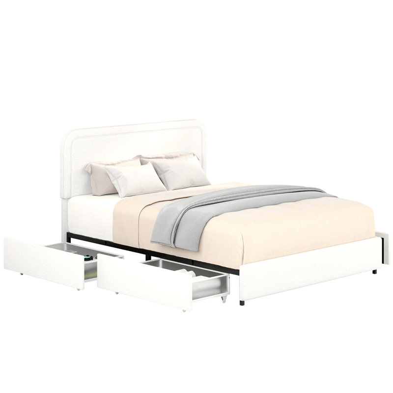 Criselle Bed Frame with Headboard Boucle Bed Frame with 4 Drawers Storage Bed Adjustable Headboard