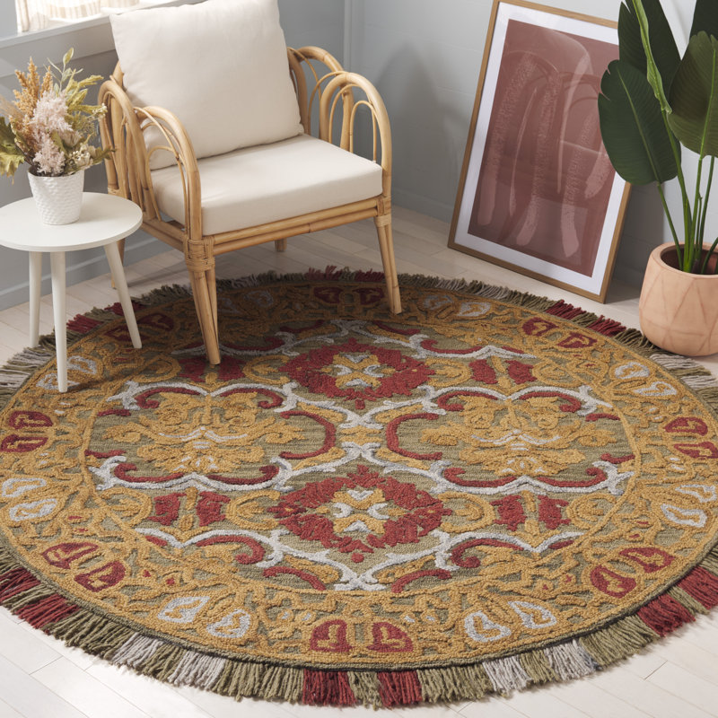 Tapis oriental performance en laine / coton touffeté Blossom en vert / or, Rond 6 pi