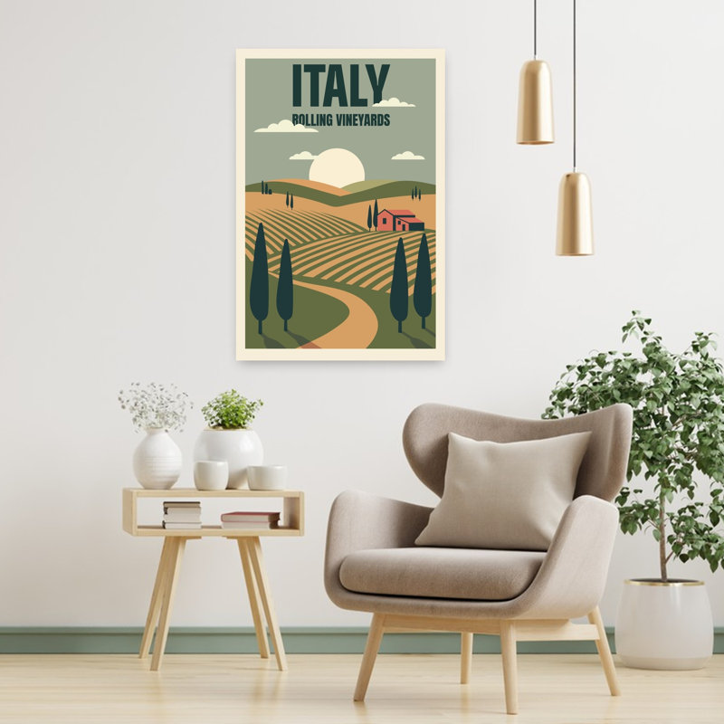 «Italian Rolling Vineyard Serene Tranquil Vintage Cypress Landscape Nature», art mural, H 36 po x l 24 po