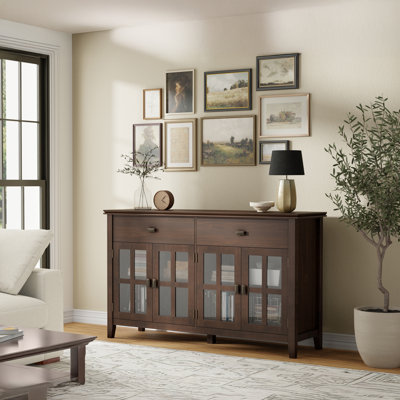 Artisan 60"W Solid Wood 4-Door Sideboard Buffet with Tempered Glass Doors and 2 Drawers