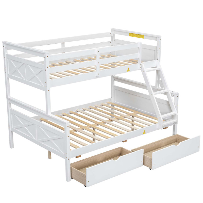 Lit superposé avec échelle, deux tiroirs de rangement, barrière de sécurité, Blanc