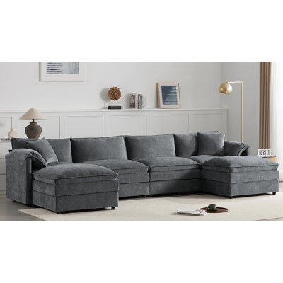 Canapé modulaire en chenille de 136 po à assise profonde et large, ensemble de canapé en forme de U avec coussins doubles, 6 places