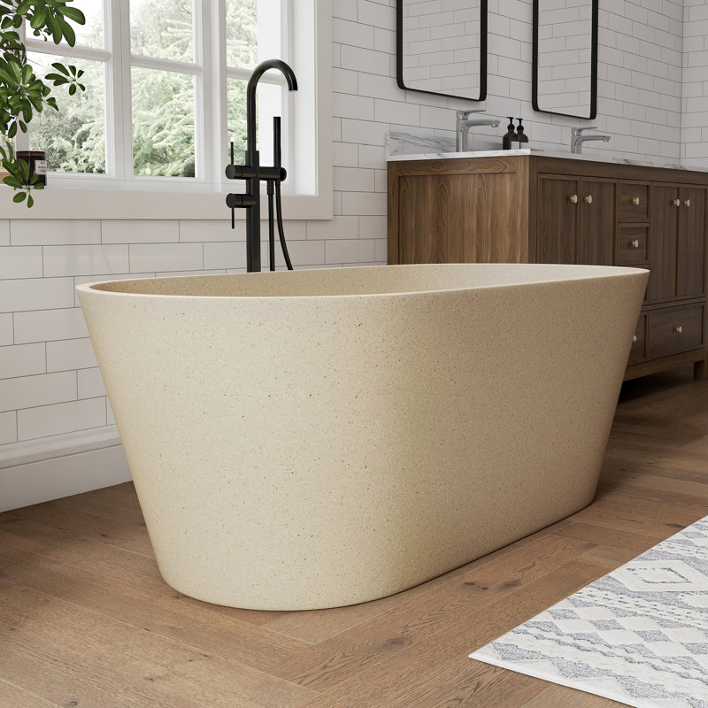 59'' Terrazzo Freestanding Solid Surface Outdoor Stone Concrete Soaking Bathtub Creamy
