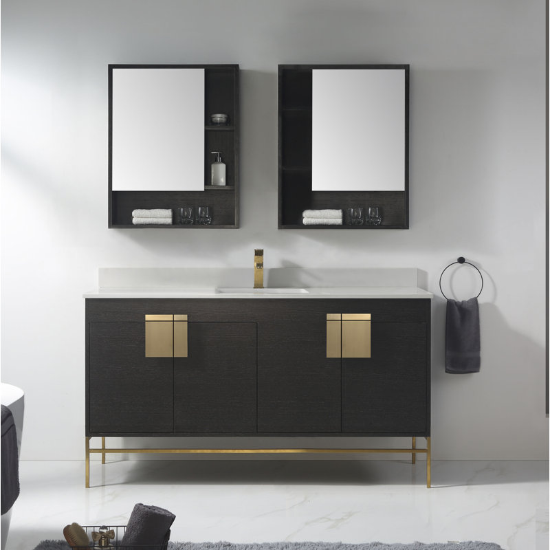 Ensemble de meuble-lavabo simple 60 po Maisie, Laiton satiné, Chêne noir à grain droit