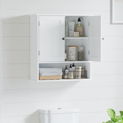Wall Mounted Bath Storage Cabinet With Two Doors And Open Shelf Over Toilet Storage Cabinet With And Adjustable Shelves For Bathroom, Kitchen, Entryway, Laundry Room, White