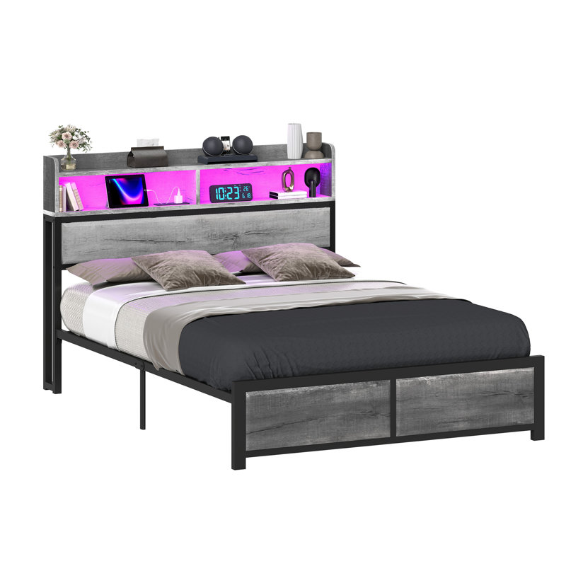 Kingsize Bed Frame with LED Headboard, Metal Platform Bed Frame with USB Ports&Charging Outlets, 2 Tiers Storage Shelves