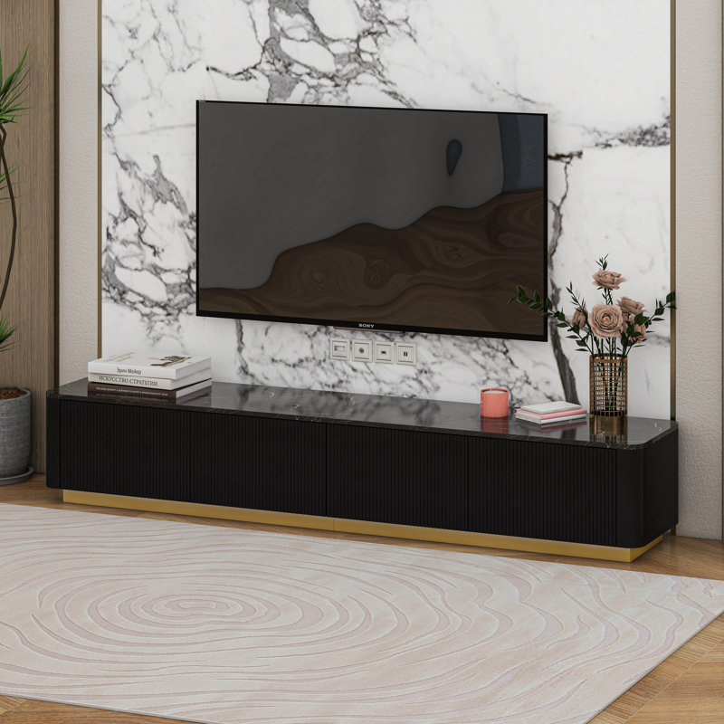 Modern Fluted TV Stand - Faux Marble Tabletop Media Console With 4 Drawers, Curved Design, Gold Base, Black