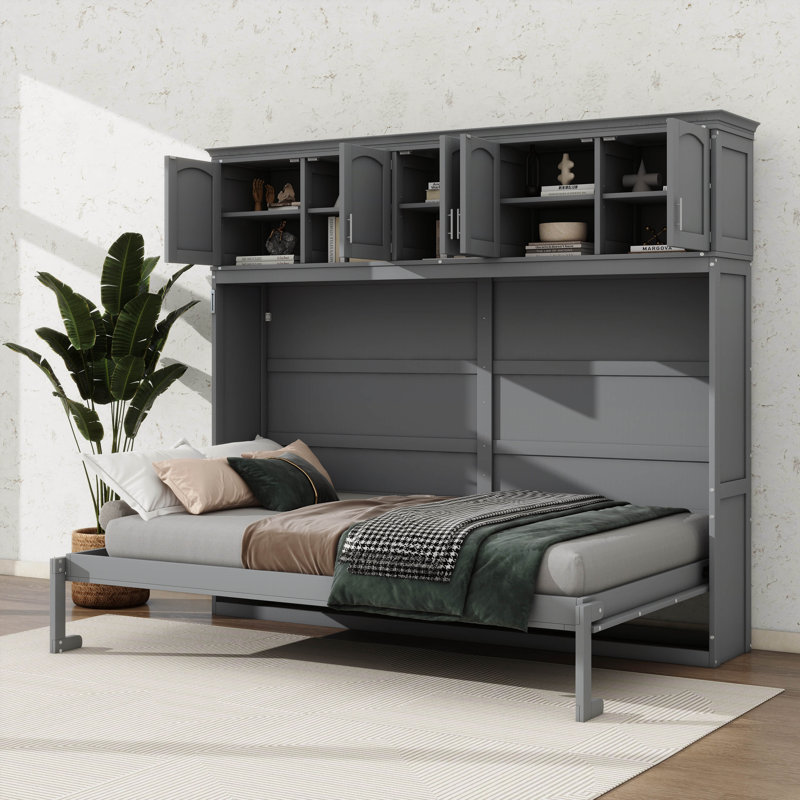 Lit escamotable en bois avec armoires supérieures, conception pliable peu encombrante, Double, Blanc