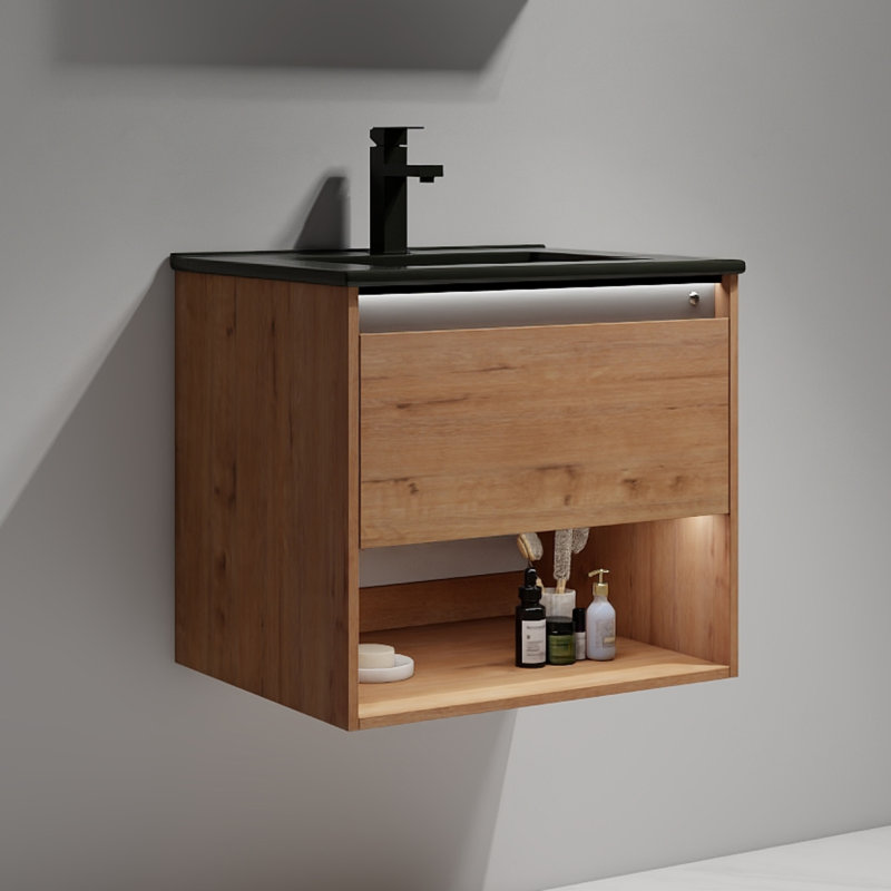 Meuble-lavabo flottant 30 po avec lumières DEL Khaleia - Armoire murale en bois avec lavabo en acrylique, rangement à fermeture en douceur et lavabo intégré moderne