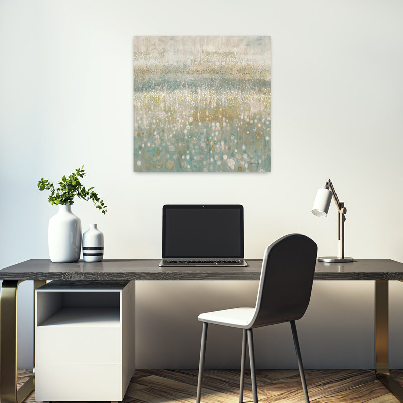 Pluie contemporaine abstraite neutre avec art abstrait aqua, H 18 po x l 18 po