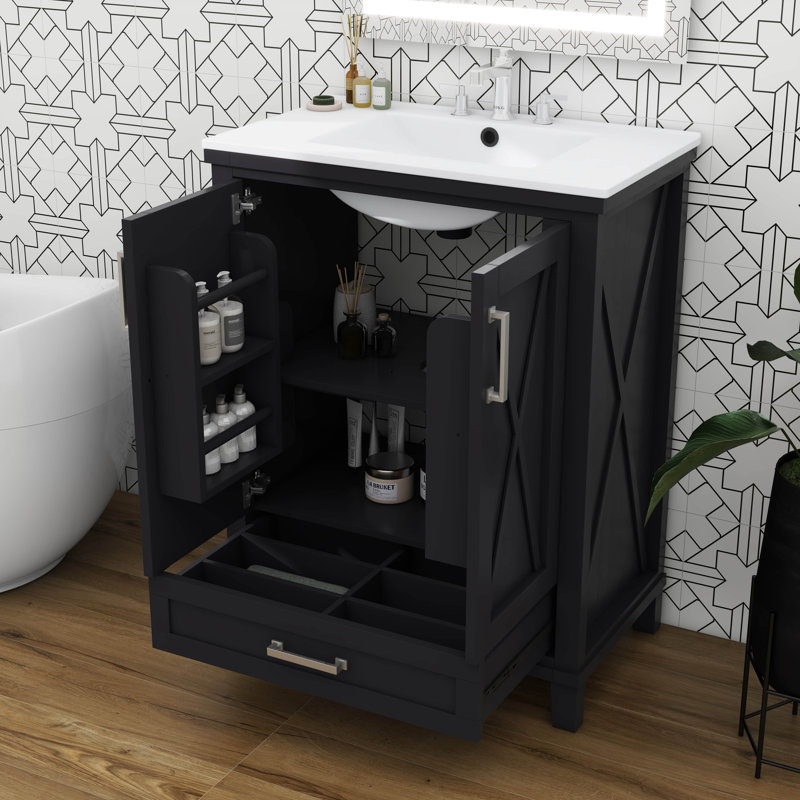 Meuble-lavabo fonctionnel de 24 pouces avec lavabo simple, 2 portes à fermeture silencieuse, 1 tiroir cloisonné et 2 tablettes de rangement