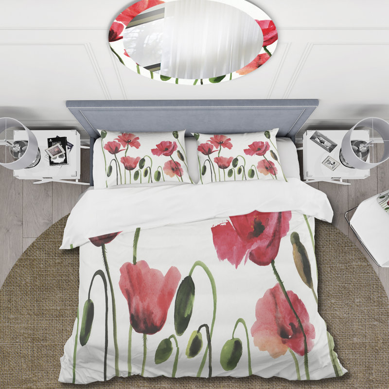 Vintage Red Blooming Poppies - Ensemble de housse de couette traditionnel - Microfibre de polyester