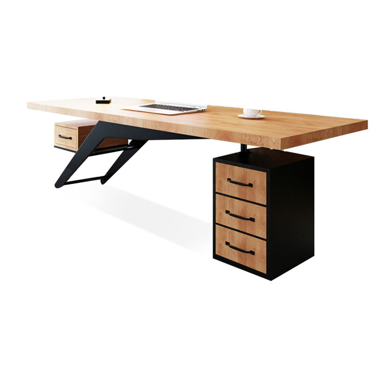 Brown+Black Rectangular Solid Wood+Iron with 4 drawers desk, 29.53" H x 62.99" W x 27.56" D