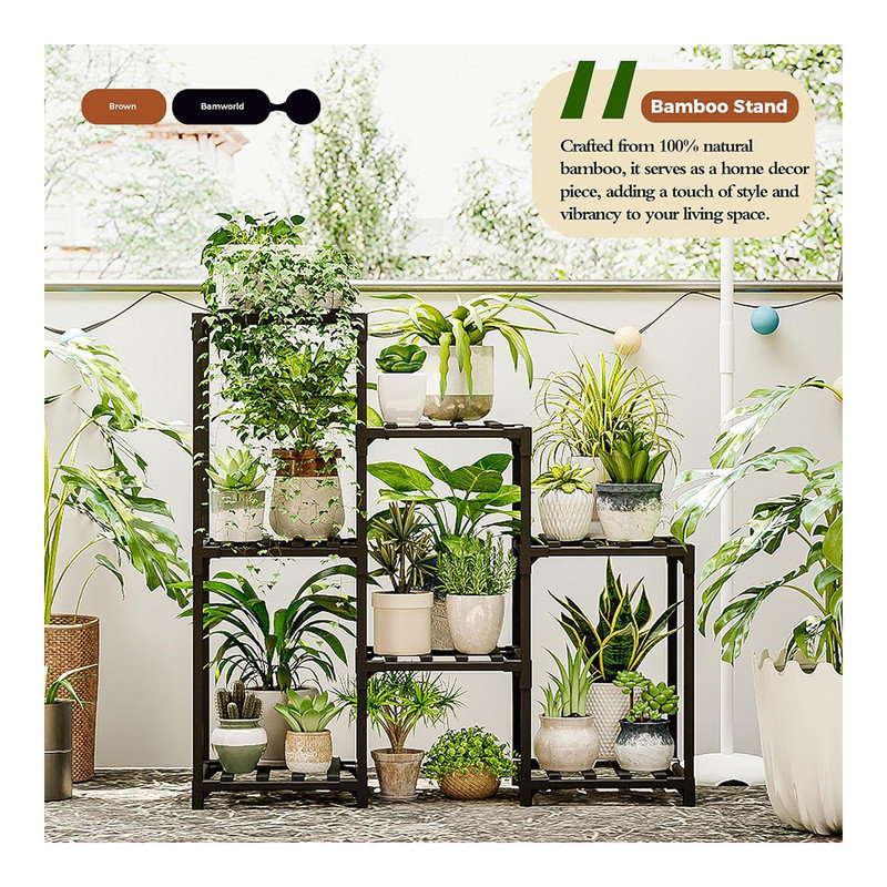 Black 3-Tier Bamboo Ladder Plant Stand for 7 Pots